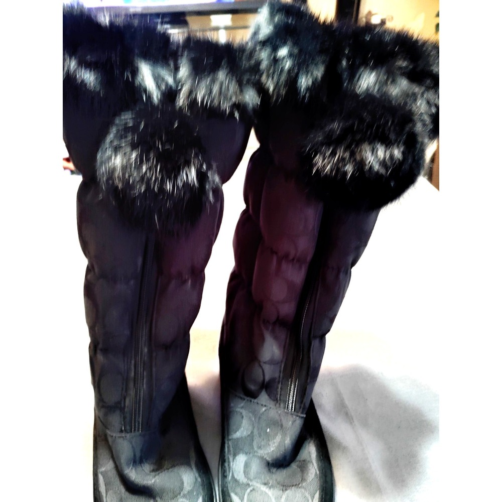 COACH Theona Signature Jacquard Rabbit Fur Winter Boots Goth Old Money Black 6B - Picture 4 of 13